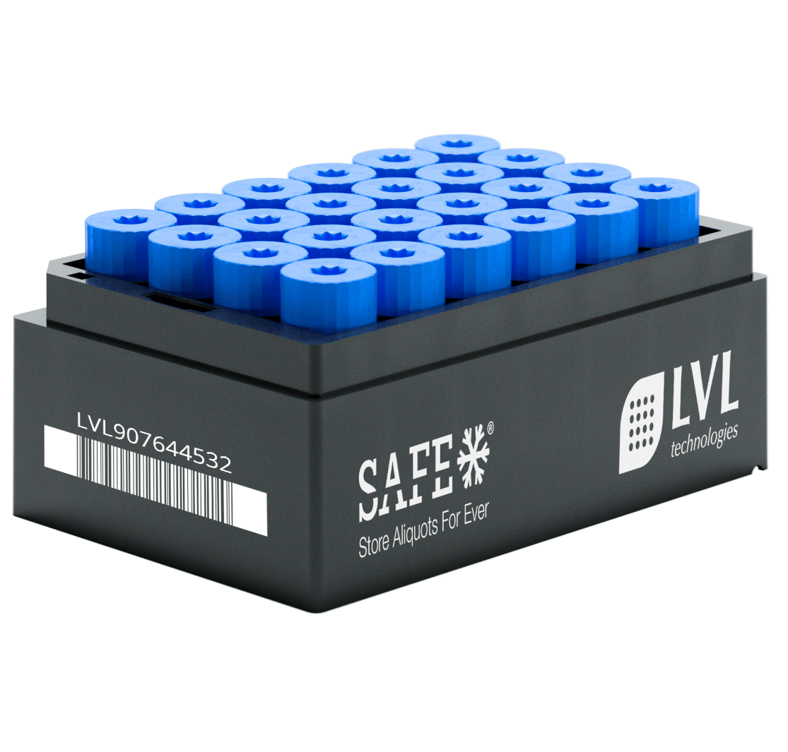 LVL SAFEĀ® XXLX 6000 Microliter / 6 ml Rack ā mit 2D-Tubes und Screw Caps SAFEĀ® XXLX 6000 Microliter / 6 ml Rack mit verschlossenen 2D Tubes und blauen Screw Caps