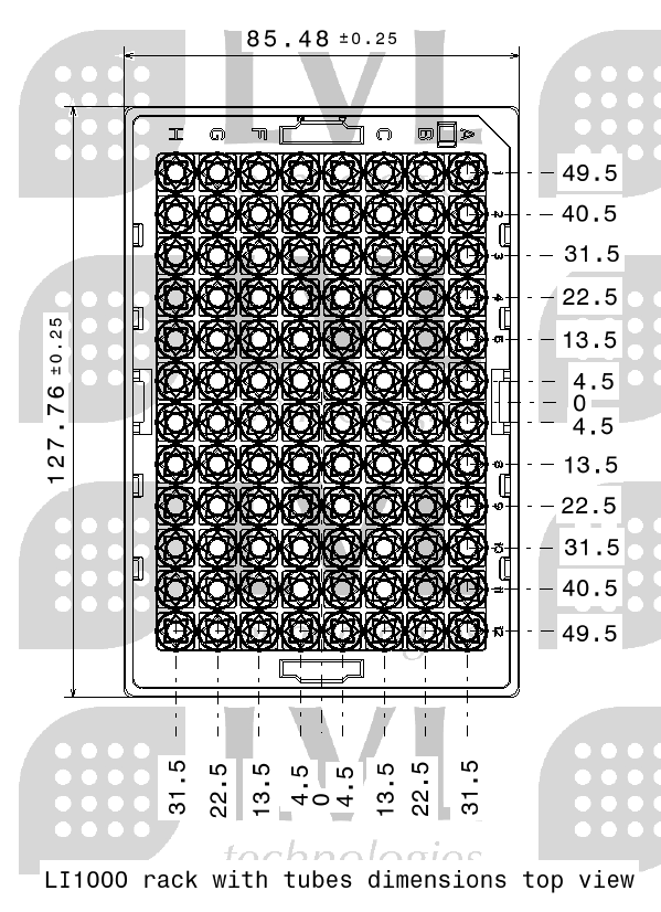LI1000 rack with tubes dimensions top view LI1000 rack with tubes dimensions top view