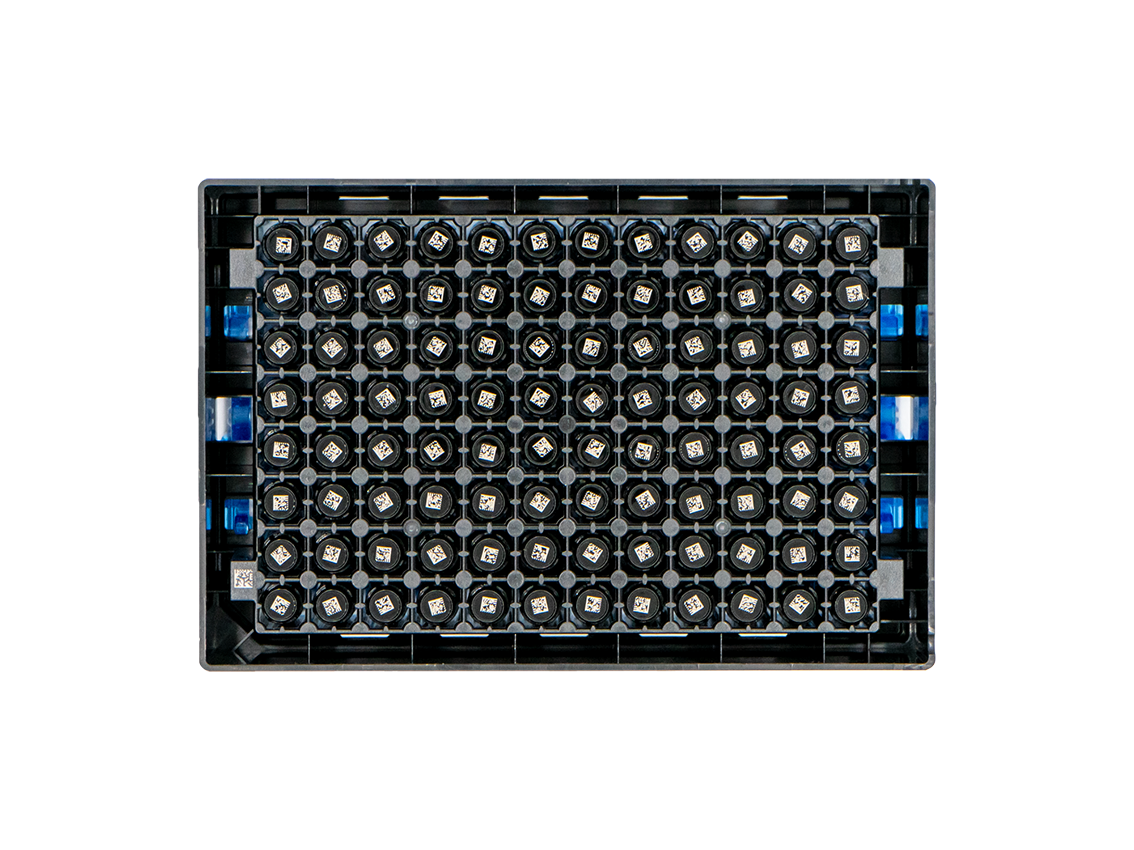 Draufsicht auf LVL SAFE® LX1000 Rack mit 2D-codierten Tubes im 96-Well-SBS-Format
