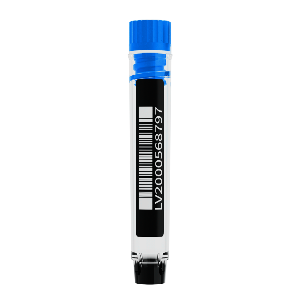 2D-Tube LVL SAFE® LI 1000 Microliter / 1 ml – mit Screw Cap und seitlicher Codierung 2D Tube LVL SAFE® LI 1000 Microliter / 1 ml mit Innengewinde-Verschluss und Barcode