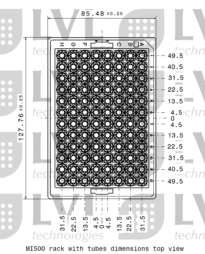 MI500 rack with tubes dimensions top view MI500 rack with tubes dimensions top view