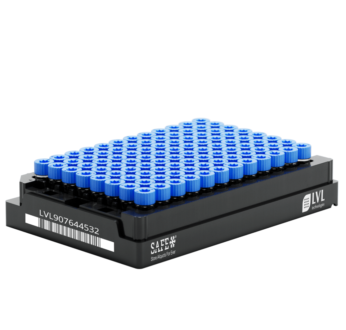 LVL SAFE® MX 500 Microliter / 0,5 ml Rack mit blauen Caps und 2D-codierten 2D Tubes im 96-Well-SBS-Format