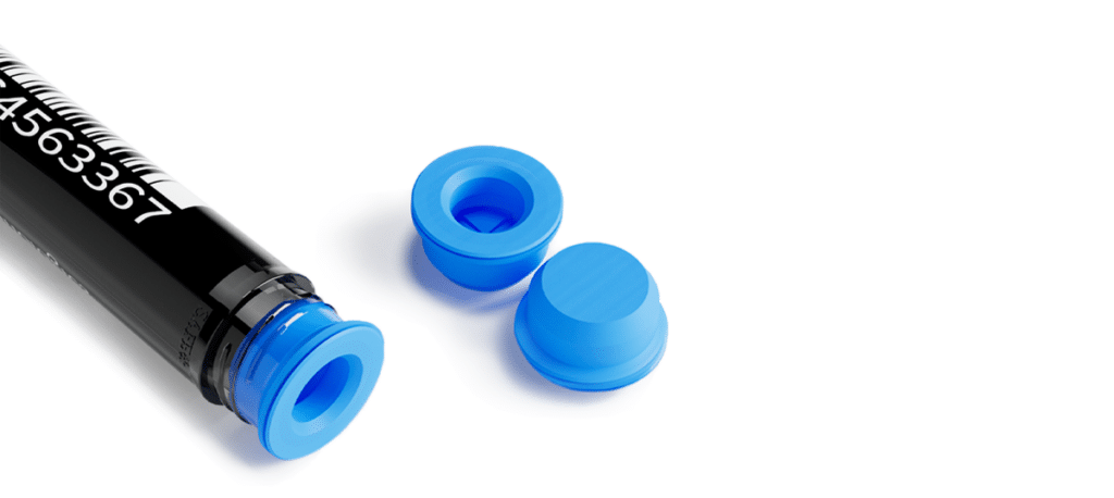 LVL SAFE® Push Caps in Blau als sichere Druckverschlüsse für 2D-codierte Probenröhrchen