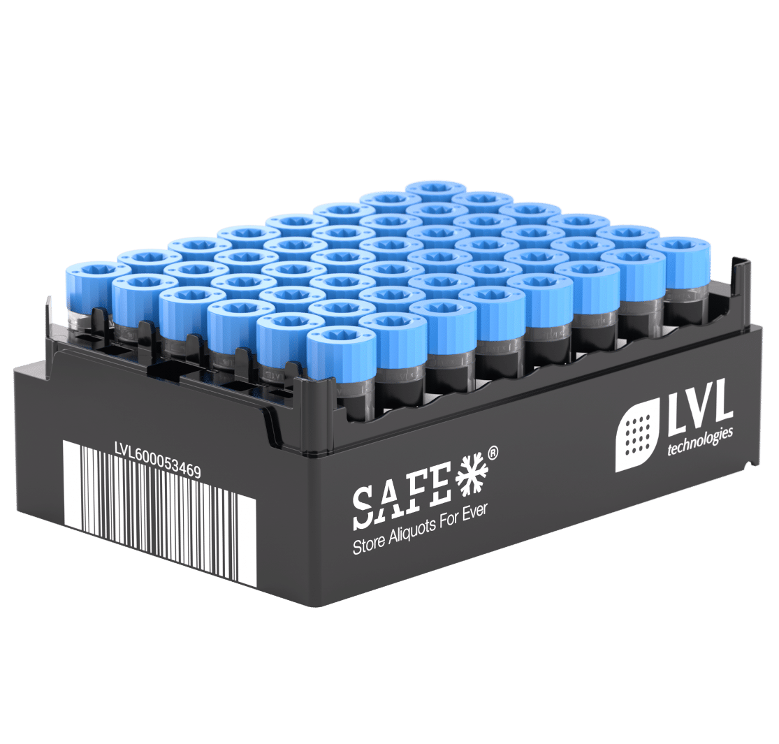 LVL SAFE® XLX 2000 Rack mit 48 Tubes und blauen Caps im SBS-Format
