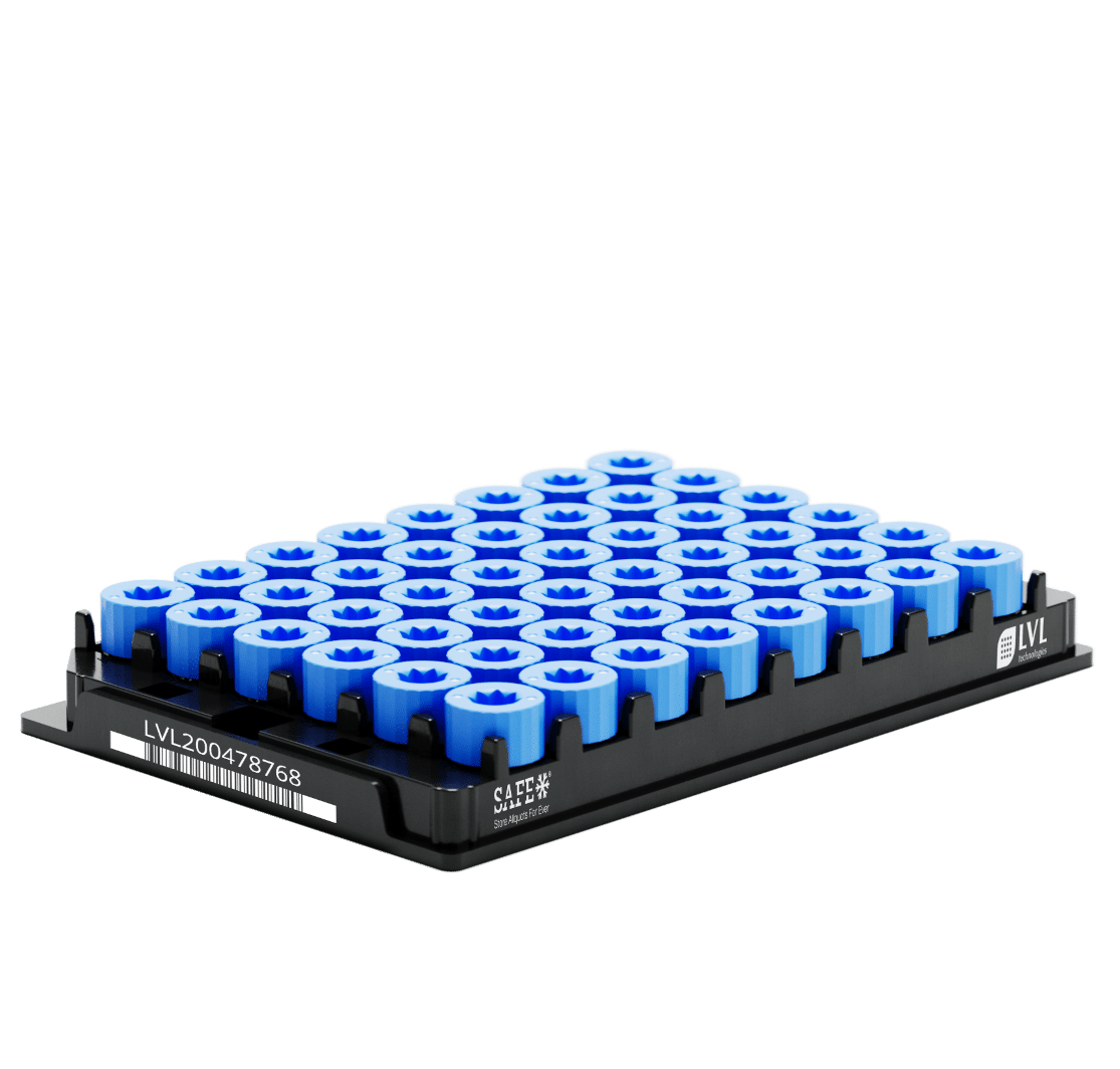 LVL SAFE® XLX 500 Rack mit blauen Caps und Gewebe-Tubes im 48-Well-SBS-Format