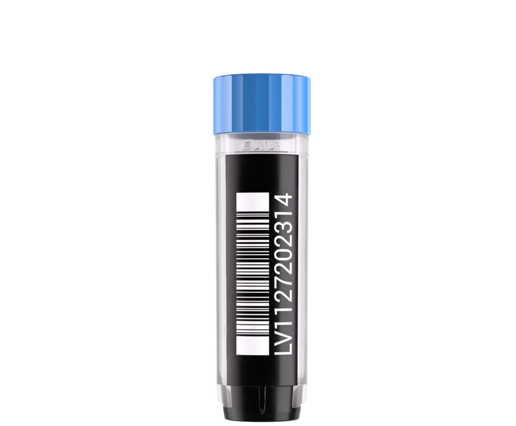 2D-Tube LVL SAFE® XLX 2000 Microliter – 2 ml Röhrchen mit Cap und 2D-/HR-Codierung 2D-Tube LVL SAFE® XLX 2000 Microliter / 2 ml mit blauem Screw Cap, 2D-Code und Human-Readable Beschriftung