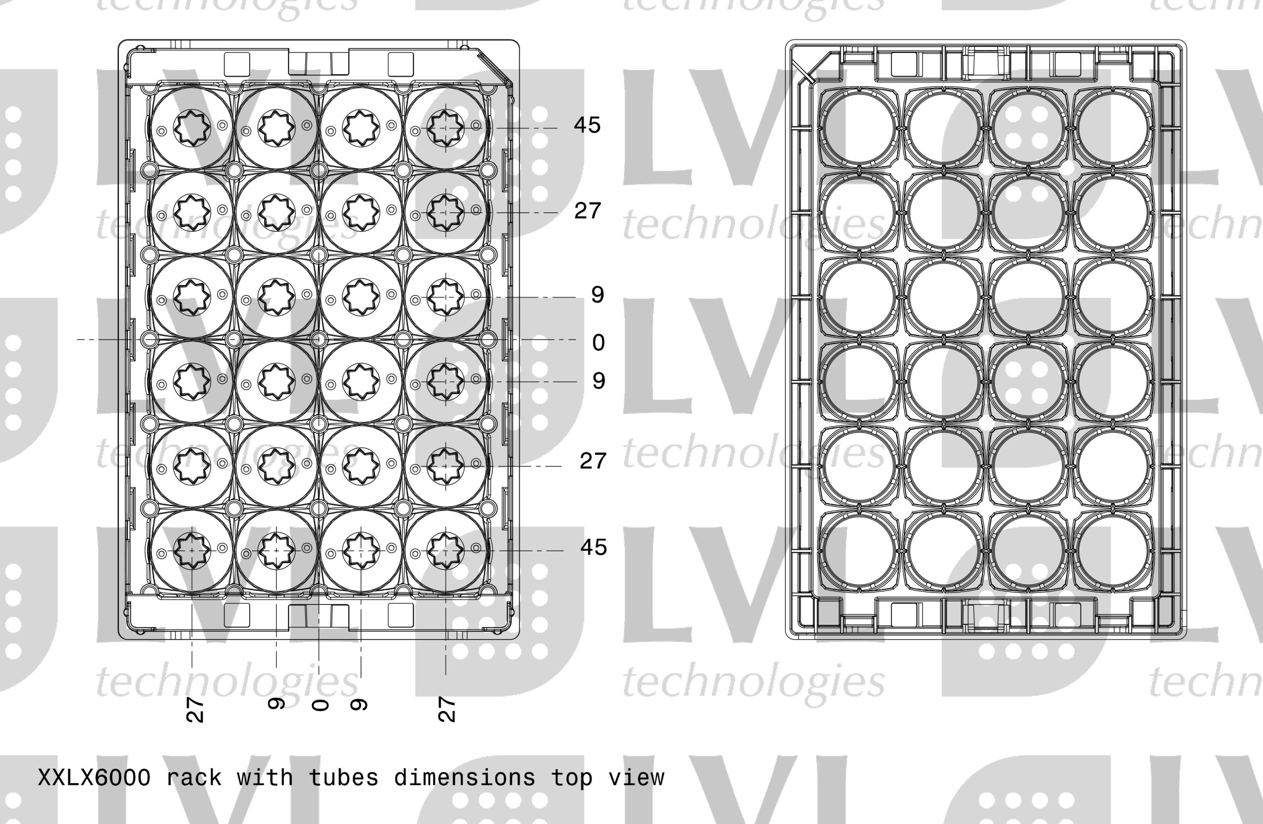 XXLX6000 G3 rack with tubes dimensions top view