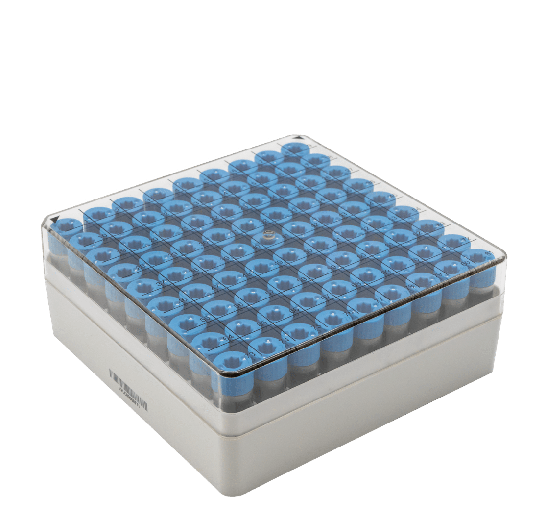 LVL CRYO Tube Rack mit 96 Cryo Tubes und transparentem Deckel zur sicheren Probenlagerung bei -196°C