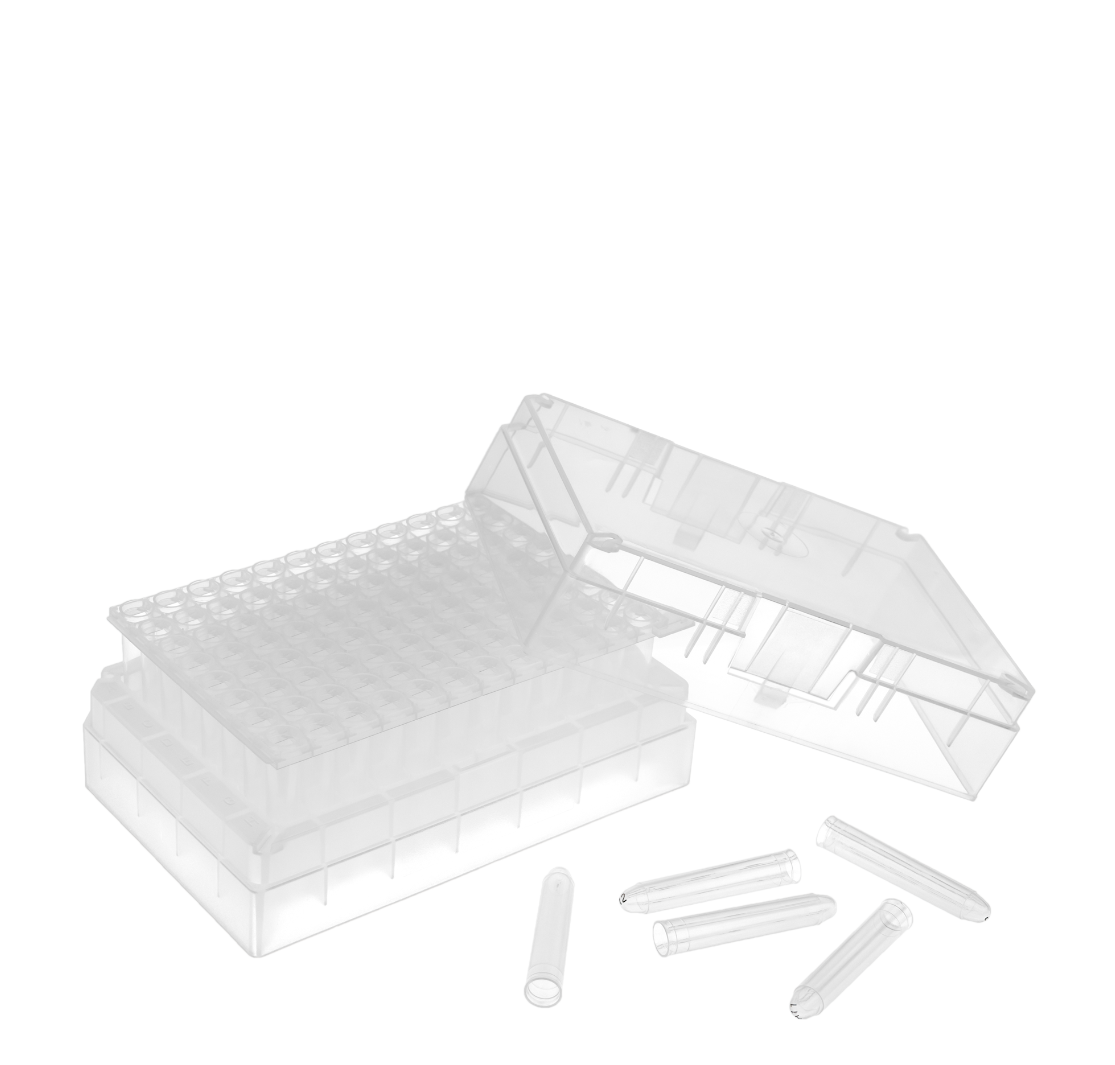 normaler aufbau LVL Röhrchen-Rack-System im 96-Well-SBS-Format mit Deckel und entnehmbaren Probenröhrchen aus Polypropylen
